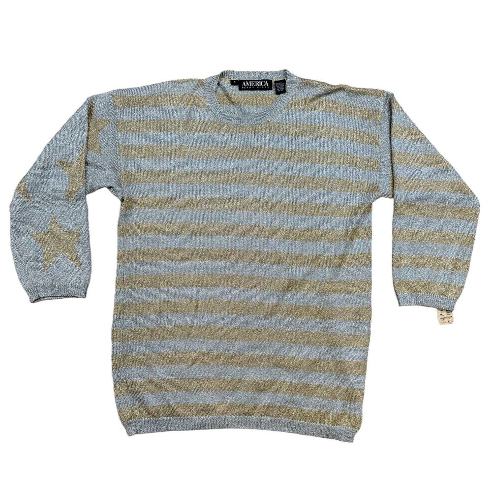 Perry Ellis Sweater Woman Small Gray Brown Stripe Crew Neck Long Sleeve Pullover